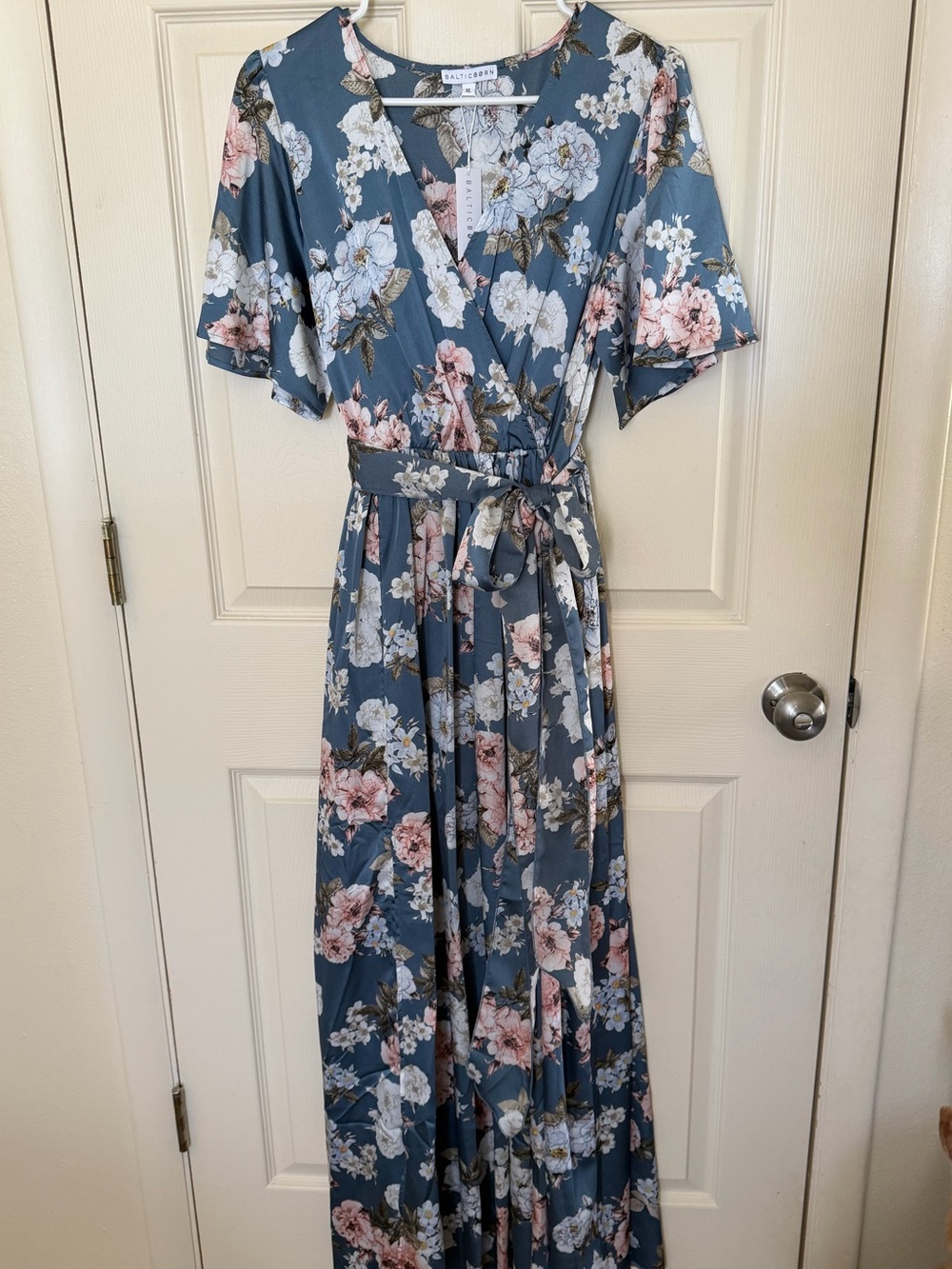 Baltic Born Blue Floral Wrap Maxi Dress with Pink & White Blooms